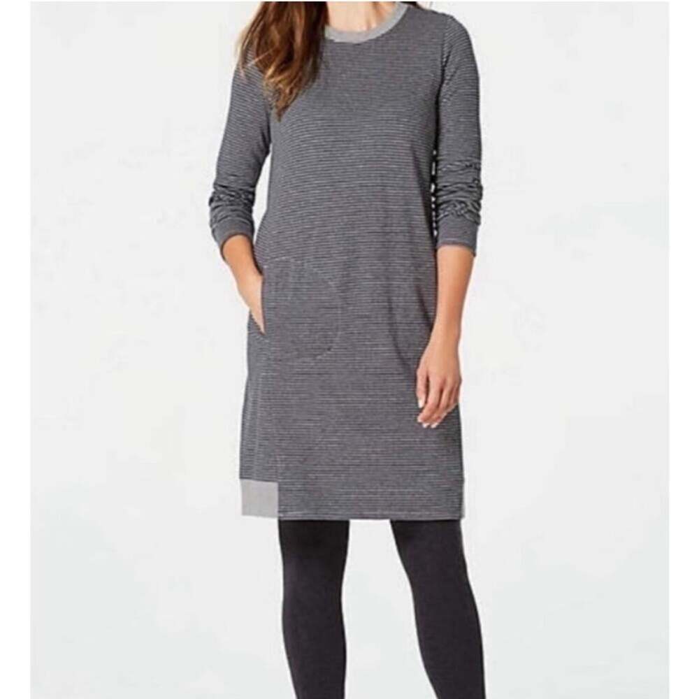 J Jill French Terry Shift Knit Dress Gray Blue Stripe Women's Size Small